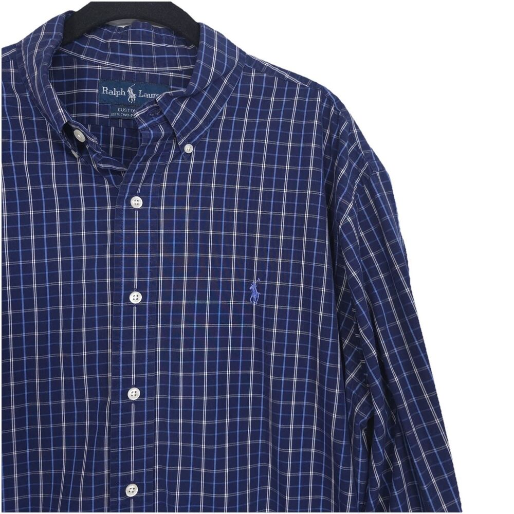 RALPH LAUREN Men’s Shirt XL CUSTOM FIT 100% TWO PLY COTTON Navy Plaid